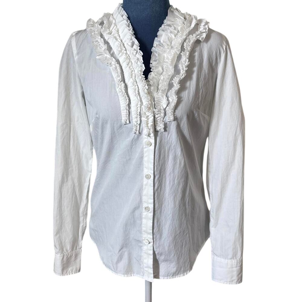 J. Crew Ruffled White 100% Cotton Tuxedo Blouse Boho Feminine Cottage